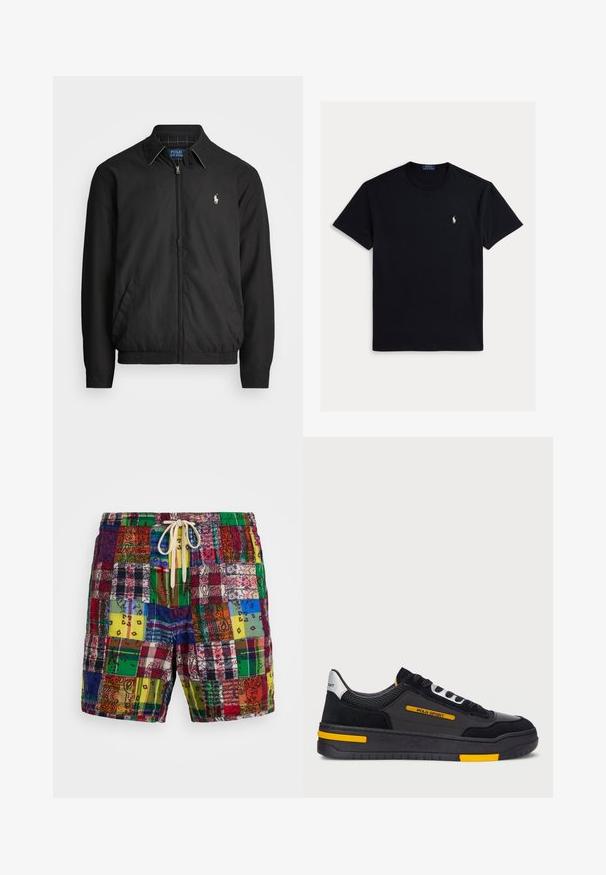 Černá bomber bunda vyrobená z hladkého materiálu, se zipem vpředu, elastickými manžetami, bočními kapsami a malým vyšitým logem na hrudi.; Černé bavlněné tričko s kulatým výstřihem, krátkými rukávy a malým bílým vyšitým logem na levé části hrudi. Hladká textura a klasický střih.; Vícebarevné plavky s patchwork vzorem, které obsahují směs různých vzorů, mají stahovací pas a jsou vyrobeny z lehké texturované tkaniny.; Černé tenisky s svrchním materiálem z semiše a síťoviny, s žlutými akcenty a silnou černou podrážkou. Šněrování a branding "POLO SPORT" na boku.