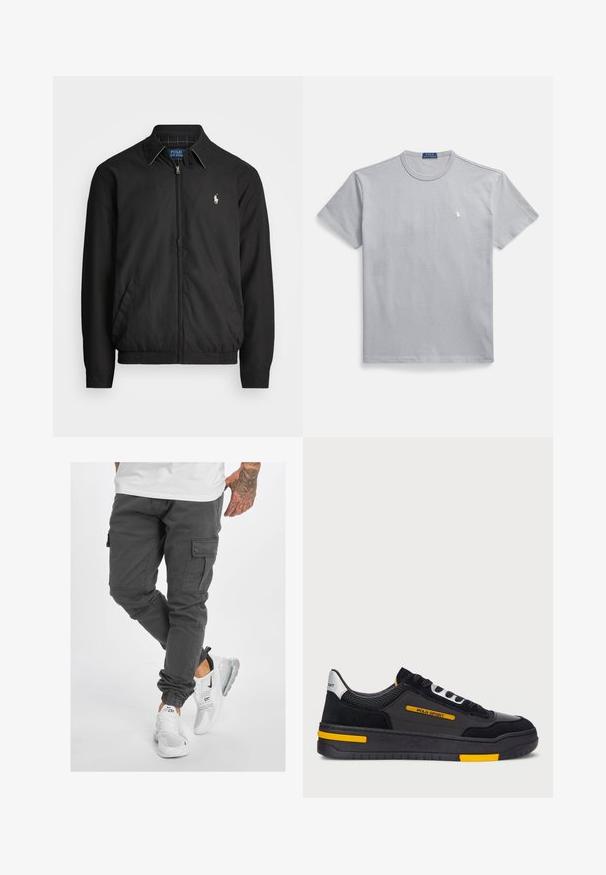 Jachetă bomber neagră din material neted, cu fermoar frontal, manșete elastice, buzunare laterale și un mic logo brodat pe piept.; Tricou gri din bumbac, cu guler rotund, mâneci scurte și un mic logo alb pe pieptul stâng. Textură netedă și croială lejeră.; Pantaloni cargo gri cu multiple buzunare, lungime conică și mansete ajustabile, asortați cu adidași albi cu accente negre și tălpi transparente.; Adidași negri cu un superior din suede și plasă, accente galbene și o talpă groasă neagră. Închidere cu șireturi și branding "POLO SPORT" pe lateral.
