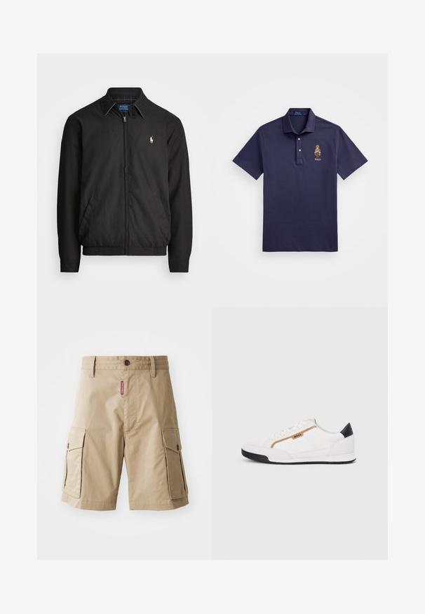Chaqueta bomber negra hecha de material suave con cierre de cremallera en el frente, puños elásticos, bolsillos laterales y un pequeño logo bordado en el pecho.; Polo Ralph Lauren CUSTOM SLIM POLO BEAR MESH POLO SHIRT - Polo - faded blue bear; Pantalones cortos cargo beige de mezcla de algodón, con dos bolsillos laterales, cierre de botón y una etiqueta roja cosida en la parte frontal.; Zapatillas deportivas blancas con acentos de malla y cuero. Presentan un logotipo dorado de "BOSS", paneles laterales texturizados y una tapa de talón negra. Suela de goma.
