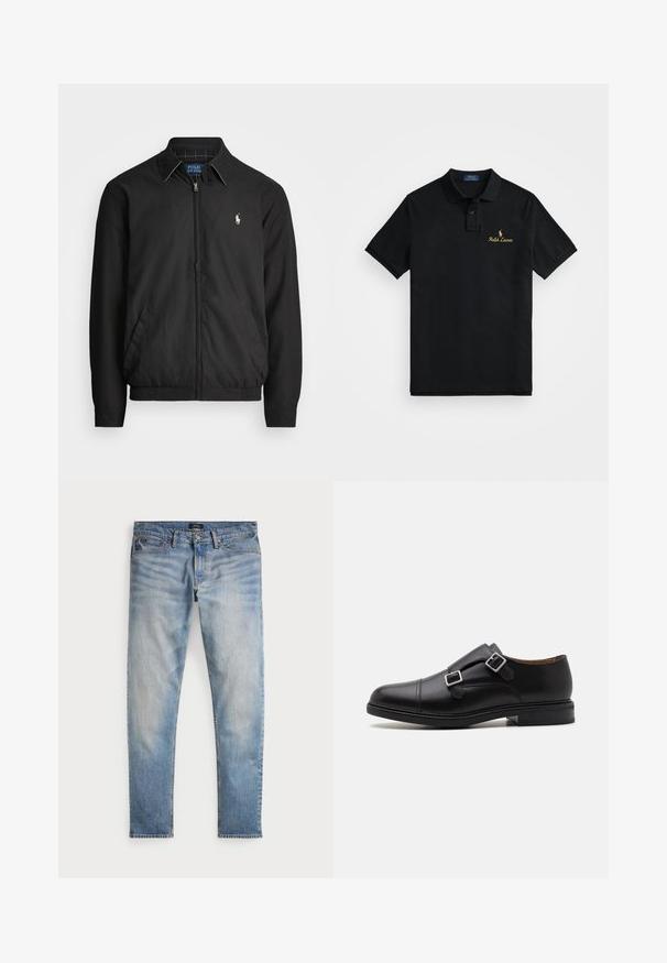Juodas bombonešis, pagamintas iš lygios medžiagos, su užtrauktuku priekyje, elastingomis rankogaliais, šalutinėmis kišenėmis ir maža siuvinėta logotipu ant krūtinės.; Juodas polo marškinėliai, pagaminti iš medvilnės, su klasikiniais atlapais, trumpomis rankovėmis ir auksiniu siuvinėjimu "Ralph Lauren" ant krūtinės.; Šviesiai mėlyni džinsai su išblukusiu paviršiumi, penkių kišenių dizainu ir kontrastingomis siūlėmis. Turi užtrauktuką ir diržo kilpas. Tiesus kirpimas.; Juodos odinės batų suknelės su dviem sagtimis, apvaliu nosiu, subtiliu siuvinėjimu ir plokščiu, tekstūriniu guminio padu.