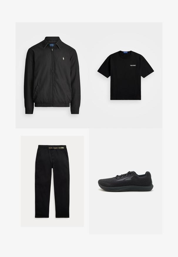 Crna bomber jakna od glatkog materijala s patentnim zatvaračem sprijeda, elastičnim rukavima, bočnim džepovima i malim izvezenim logotipom na prsima.; Crna pamučna majica s okruglim izrezom i kratkim rukavima. Na lijevoj strani prsiju ima "POLO SPORT" logo u bijeloj boji. Standardna veličina.; Crne hlače izrađene od laganog materijala, s elastičnim pojasom i integriranim zelenim remenom, ravnog kroja i bočnim džepovima.; Crne atletske cipele s gornjim dijelom od mrežaste tkanine, gumeni potplat, zaobljeni vrh i elegantan dizajn. Sadrže vezice i suptilan logotip na strani.