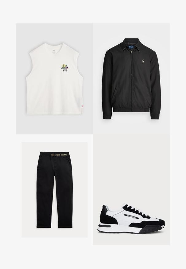 Casaco bomber preto feito de material liso, com fecho éclair à frente, punhos elásticos, bolsos laterais e um pequeno logótipo bordado no peito.; Camiseta de algodão branca sem mangas com um gráfico colorido de cacto e o logotipo "Levi's" na frente. Design limpo e simples com um corte descontraído.; Calças pretas feitas de um tecido leve, com uma cintura elástica com um cinto verde integrado, corte reto e bolsos laterais.; Ténis com um cabedal em camurça preta e pele branca, apresentando uma sola em borracha preta, atacadores brancos e um logo "POLO SPORT" na lateral.