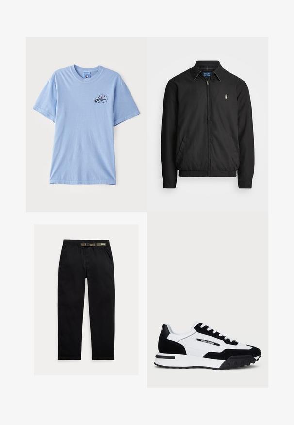 Svart bomberjakke laget av glatt materiale med glidelås foran, elastiske mansjetter, sidelommer og en liten brodert logo på brystet.; Lyseblå kortermet T-skjorte laget av bomull, med en liten svart logo med fargerike prikker på venstre brystområde. Klassisk rund hals-design.; Sorte bukser laget av lett stoff, med strikk i midjen og en integrert grønn belte, rett ben-kutt og sidelommer.; Sko med svart gamasj og hvit skinn-overdel, med svart gummisåle, hvite lisser og en "POLO SPORT" logo på siden.