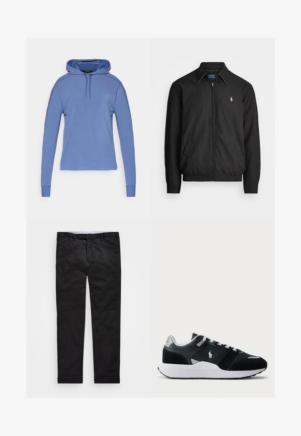 Casaco bomber preto feito de material liso, com fecho éclair à frente, punhos elásticos, bolsos laterais e um pequeno logótipo bordado no peito.; Sweatshirt azul com capuz feito de tecido texturizado. Apresenta mangas longas, um cordão no pescoço e punhos canelados.; Chinos pretos com um corte reto, feitos de tecido em mistura de algodão, apresentando fecho de zíper, passantes para cinto e bolsos laterais. Textura suave.; Sapatilha baixa em preto e branco com parte superior em malha e camurça, atacadores brancos, sola branca e um logo de jogador de polo na lateral.