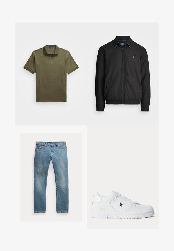 Juodas bombonešis, pagamintas iš lygios medžiagos, su užtrauktuku priekyje, elastingomis rankogaliais, šalutinėmis kišenėmis ir maža siuvinėta logotipu ant krūtinės.; Alyvų žalia polo marškinėliai, pagaminti iš minkštos medžiagos, su trimis mygtukais, trumpomis rankovėmis ir mažai siuvinėta logo ant krūtinės.; Šviesiai mėlynos džinsinės kelnės su tiesia kirpimu, mygtukų užsegimu, penkiais kišenėmis, švelnia nublukimu ir siūlų akcentais.; Balti sportiniai batai su tekstūruota odine viršutine dalimi, apvalia nosimi, plokščia raištelių sistema ir juodu logotipu šone. Guminis padas su sukibimo raštu.