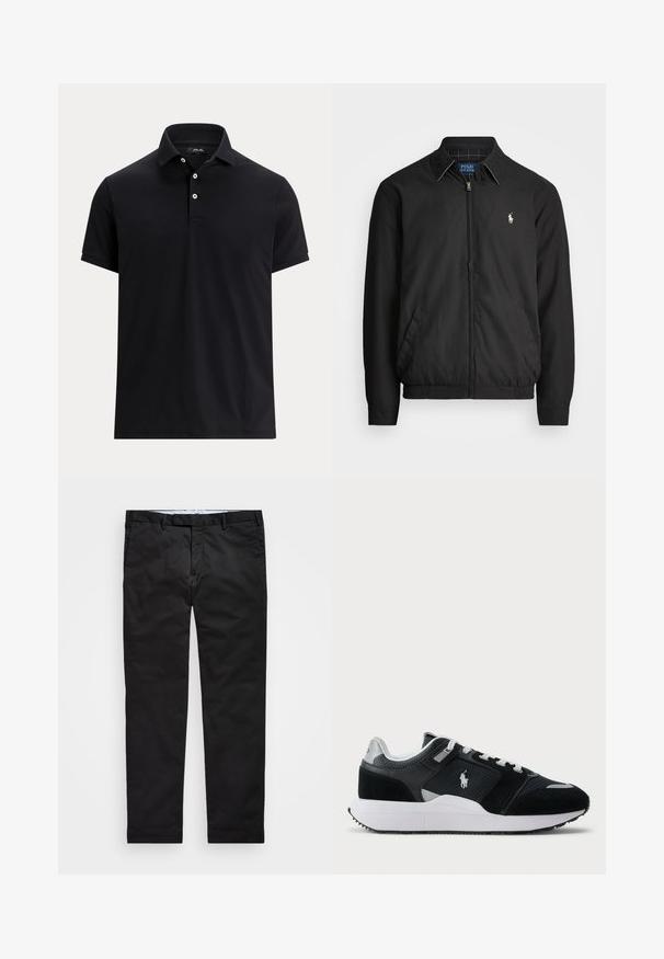 Svart bomberjakke laget av glatt materiale med glidelås foran, elastiske mansjetter, sidelommer og en liten brodert logo på brystet.; Svart kortermet poloshirt med tre hvite knapper og en brettet krage.; Sorte chinos med rett ben, laget av bomullsblanding, med glidelås, beltehemper og sidelommer. Glatt tekstur.; Svart-hvitt low-top sneaker med mesh og semsket skinn på overdelen, hvite snørebånd, hvit såle, og en polo-spiller logo på siden.