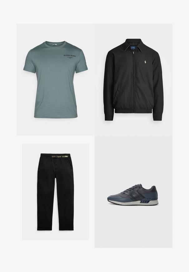 Casaco bomber preto feito de material liso, com fecho éclair à frente, punhos elásticos, bolsos laterais e um pequeno logótipo bordado no peito.; T-shirt de algodão verde claro com decote redondo, mangas curtas e texto impresso em preto no peito. Design simples, textura suave.; Calças pretas feitas de um tecido leve, com uma cintura elástica com um cinto verde integrado, corte reto e bolsos laterais.; Sapatilhas desportivas masculinas em azul marinho escuro com parte superior em malha e sintético. Apresenta um design com atacadores, colarinho acolchoado e sola de borracha com aderência texturizada.