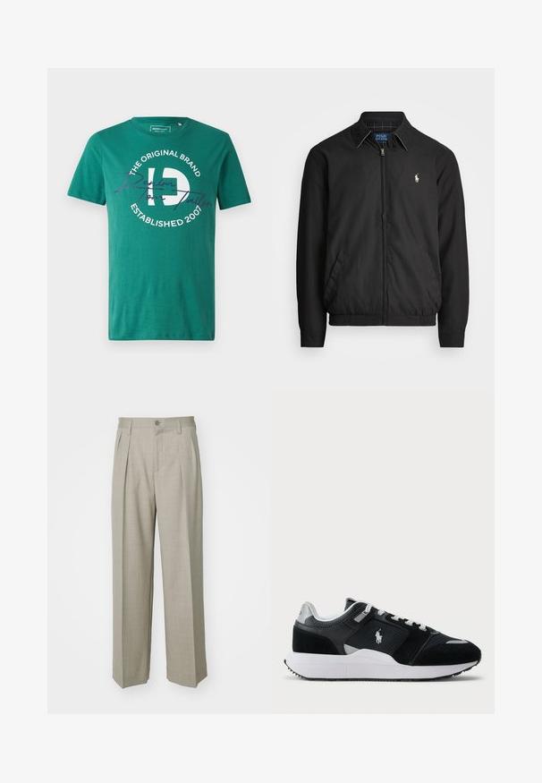 Melna bomber jaka, izgatavota no gludas auduma, ar rāvējslēdzēja priekšpusi, elastīgām piedurknēm, sānu kabatām un mazu izšūtu logotipu uz krūtīm.; Zaļš kokvilnas T-krekls ar apaļu kakla izgriezumu, īsām piedurknēm un centrālu grafiku, kurā redzams "The Original Brand" un gads "2001" baltā un purpursarkanā krāsā.; Filippa K WIDE TROUSERS - Auduma bikses - sage melange; Melnas un baltas zemas tenisa kurpes ar acs un zamšādas augšdaļu, baltām auklām, baltu zoli un polo spēlētāja logo sānos.