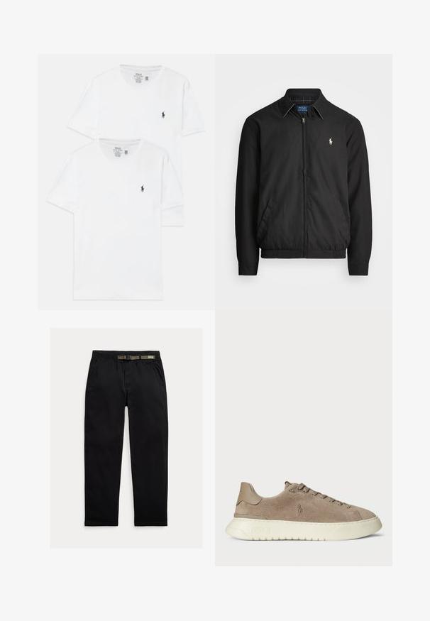 Svart bomberjakke laget av glatt materiale med glidelås foran, elastiske mansjetter, sidelommer og en liten brodert logo på brystet.; To hvite bomull T-skjorter med korte ermer, med en liten marineblå logo på brystet og en klassisk rund hals.; Sorte bukser laget av lett stoff, med strikk i midjen og en integrert grønn belte, rett ben-kutt og sidelommer.; Suedepumps i taupe med hvit gummisåle. Funksjoner inkluderer snøring foran og en logo preget på siden og hælen.