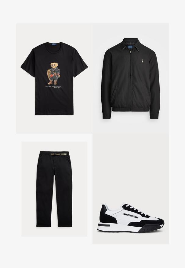 Svart bomberjakke laget av glatt materiale med glidelås foran, elastiske mansjetter, sidelommer og en liten brodert logo på brystet.; Svart bomulls-t-skjorte med en stilisert bjørn i jakke og solbriller, som holder en truger, med tekst under.; Sorte bukser laget av lett stoff, med strikk i midjen og en integrert grønn belte, rett ben-kutt og sidelommer.; Sko med svart gamasj og hvit skinn-overdel, med svart gummisåle, hvite lisser og en "POLO SPORT" logo på siden.