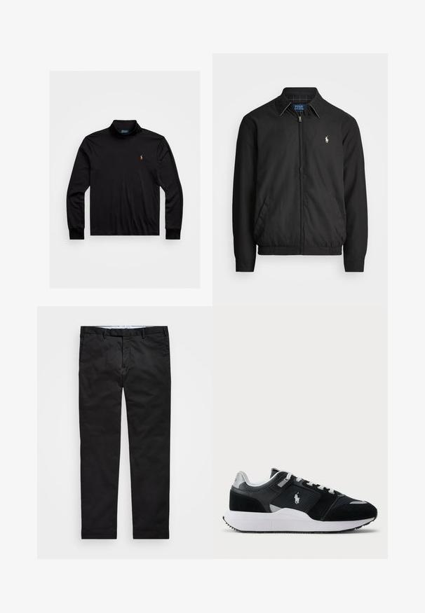 Melna bomber jaka, izgatavota no gludas auduma, ar rāvējslēdzēja priekšpusi, elastīgām piedurknēm, sānu kabatām un mazu izšūtu logotipu uz krūtīm.; Melnas garuma piedurkņu turtlenecks, kas izgatavots no gludas auduma, ar nelielu krāsainu izšūtu logo uz kreisā krūšu un pieguļošām aprocēm.; Melnas chinos bikses ar taisnu kāju piegriezumu, izgatavotas no kokvilnas maisījuma auduma, piedāvā rāvējslēdzēja aizdari, jostas cilpas un sānu kabatas. Gluda tekstūra.; Melnas un baltas zemas tenisa kurpes ar acs un zamšādas augšdaļu, baltām auklām, baltu zoli un polo spēlētāja logo sānos.