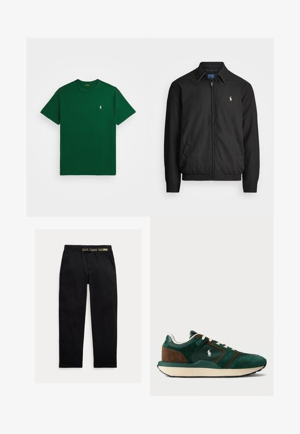 Svart bomberjakke laget av glatt materiale med glidelås foran, elastiske mansjetter, sidelommer og en liten brodert logo på brystet.; Grønn bomull t-skjorte med kort erm og rund hals, samt en liten hvit logo på venstre bryst. Glatt tekstur med standard passform.; Sorte bukser laget av lett stoff, med strikk i midjen og en integrert grønn belte, rett ben-kutt og sidelommer.; Menn sneakers i mørk grønn og brun semsket skinn, med nettpaneler, hvite snørebånd og gummisåle. Har en logo på siden.