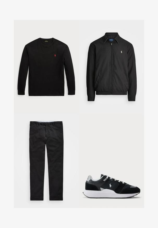 Casaco bomber preto feito de material liso, com fecho éclair à frente, punhos elásticos, bolsos laterais e um pequeno logótipo bordado no peito.; Camisola de manga longa preta feita de algodão. Apresenta um colarinho redondo, punhos canelados e um pequeno logo bordado vermelho no peito. Textura suave.; Chinos pretos com um corte reto, feitos de tecido em mistura de algodão, apresentando fecho de zíper, passantes para cinto e bolsos laterais. Textura suave.; Sapatilha baixa em preto e branco com parte superior em malha e camurça, atacadores brancos, sola branca e um logo de jogador de polo na lateral.