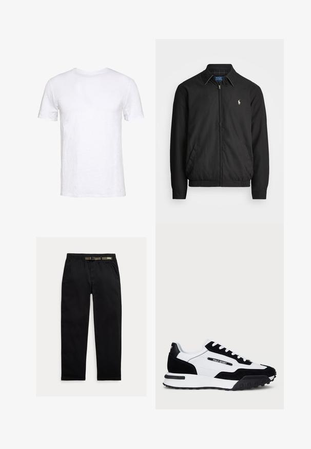 Musta bomber-takki, joka on valmistettu sileästä materiaalista ja jossa on vetoketjukiinnitys, joustavat hihansuut, sivutaskut ja pieni brodeerattu logo rinnassa.; Valkoinen lyhythihainen t-paita, joka on valmistettu pehmeästä puuvillasta, pyöreällä kaula-aukolla, yksinkertainen muotoilu ja suora leikkaus, sopii arkivaatteeksi.; Mustat housut, jotka on valmistettu kevyestä kankaasta. Niissä on joustava vyötärö, johon on integroitu vihreä vyö, suora lahje ja sivutaskut.; Kengät mustasta mokasta ja valkoisesta nahasta, joissa on musta kumipohja, valkoiset nauhat ja "POLO SPORT" -logo sivussa.