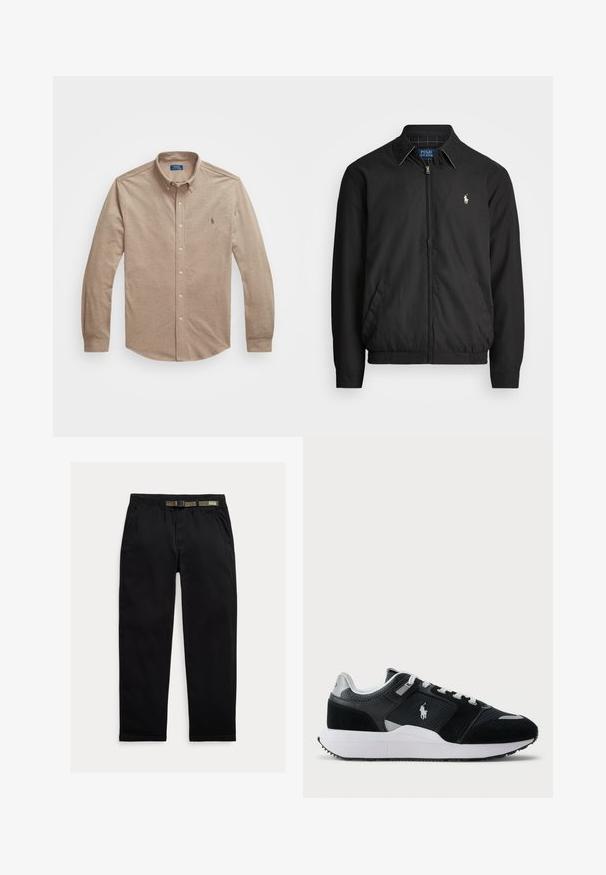 Casaco bomber preto feito de material liso, com fecho éclair à frente, punhos elásticos, bolsos laterais e um pequeno logótipo bordado no peito.; Polo Ralph Lauren Big & Tall FEATHERWEIGHT MESH SHIRT - Camisa - adirondack heather; Calças pretas feitas de um tecido leve, com uma cintura elástica com um cinto verde integrado, corte reto e bolsos laterais.; Sapatilha baixa em preto e branco com parte superior em malha e camurça, atacadores brancos, sola branca e um logo de jogador de polo na lateral.