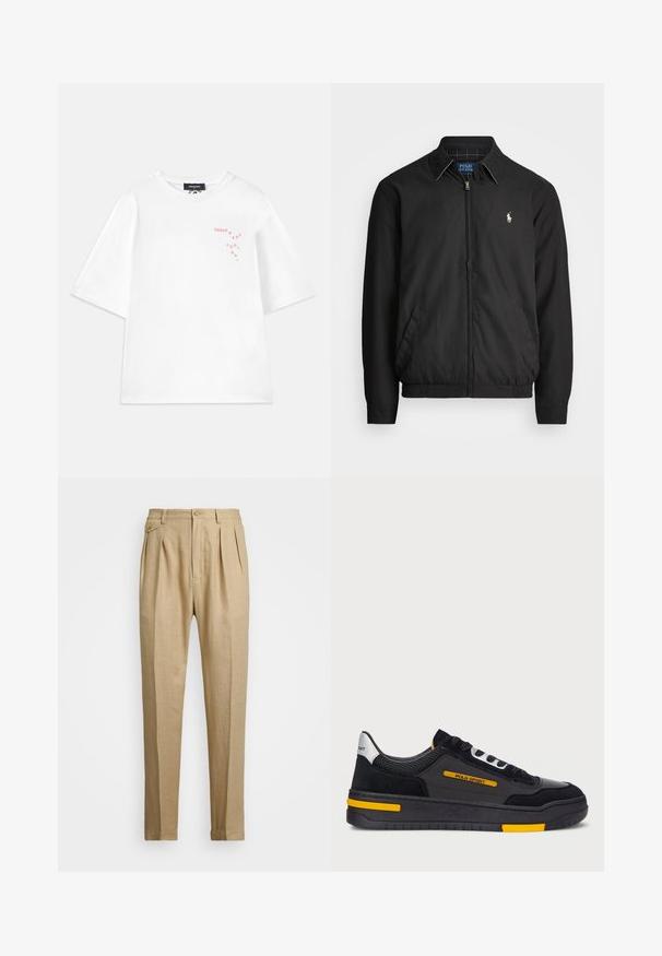 Melna bomber jaka, izgatavota no gludas auduma, ar rāvējslēdzēja priekšpusi, elastīgām piedurknēm, sānu kabatām un mazu izšūtu logotipu uz krūtīm.; Dsquared2 LOOSE FIT TEE - Apdrukāts T-krekls - white; Bēšas lina bikses ar taisnu griezumu, ar divām priekšējām krokām, pogu aizdari un sānu kabatām. Strukturēta auduma virsma ar gludu apdari.; Melnas kedas ar zamša un sieta augšdaļu, dzelteniem akcentiem un resnu melnu zoli. Piesaista ar šņorēm un "POLO SPORT" zīmolu sānos.