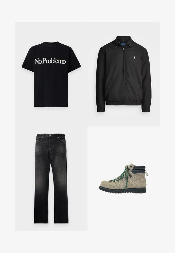 Zwarte bomberjack van glad materiaal met een rits aan de voorkant, elastische manchetten, zijzakken en een klein geborduurd logo op de borst.; Zwarte katoenen t-shirt met korte mouwen en een ronde hals. De tekst op de voorkant zegt "No Problemo" in grote witte letters.; Zwarte denim jeans met een rechte pijp, voorzien van een vervaagde gradient-effect, vijf zakken ontwerp en metalen hardware accenten.; Wandelboot in beige textuur materiaal met groene en beige veters, zwart gewatteerd enkelkraag en dikke zwarte robuuste zool.