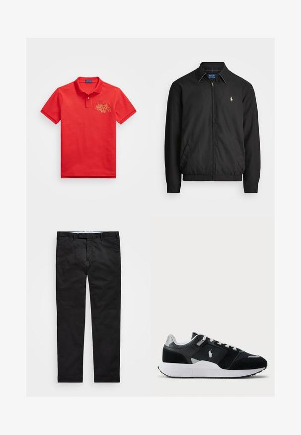 Μαύρο μπουφάν bomber από λείο υλικό με φερμουάρ μπροστά, ελαστικούς καρπούς, πλαϊνές τσέπες και μικρό κεντητό λογότυπο στο στήθος.; Κόκκινο βαμβακερό πόλο μπλουζάκι με κοντά μανίκια, με κίτρινο κεντητό σχέδιο δύο ιππέων στην αριστερή πλευρά του στήθους και κλασικό γιακά.; Μαύρο chinos με ίσια γραμμή, κατασκευασμένα από μείγμα βαμβακερού υφάσματος, με φερμουάρ, θηλιές ζώνης και πλευρικές τσέπες. Λείο υφή.; Μαύρο και άσπρο χαμηλό sneaker με επάνω μέρος από δίχτυ και σουέτ, λευκές κορδόνες, λευκή σόλα και λογότυπο παίκτη πόλο στο πλάι.