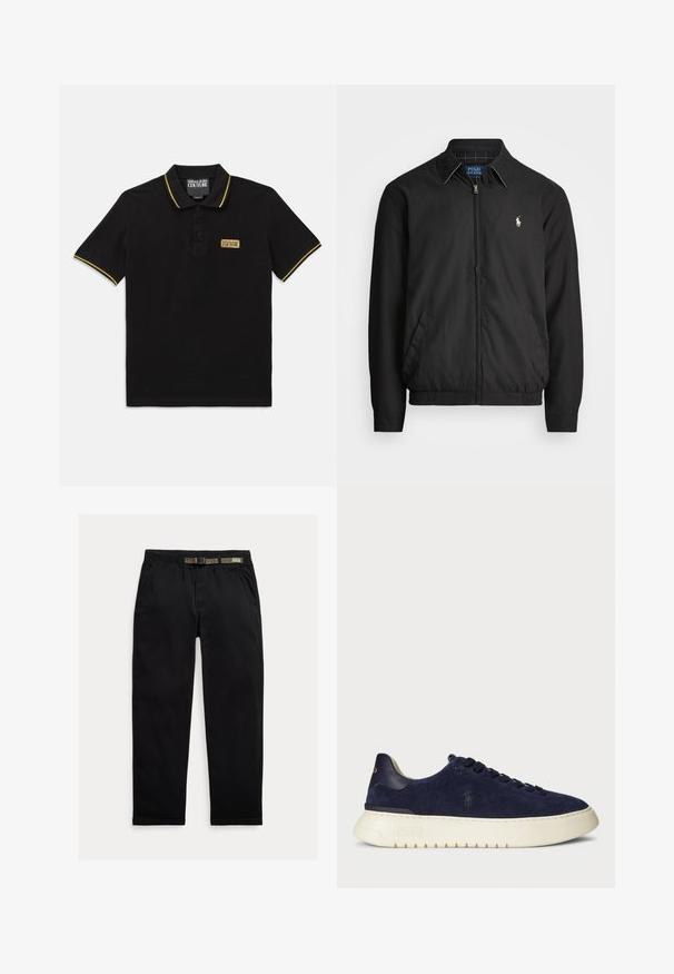 Svart bomberjakke laget av glatt materiale med glidelås foran, elastiske mansjetter, sidelommer og en liten brodert logo på brystet.; Svart polo-skjorte laget av bomull med tre knappelukking, gult kantbånd på kragen og ermer, med en merket lapp på brystet.; Sorte bukser laget av lett stoff, med strikk i midjen og en integrert grønn belte, rett ben-kutt og sidelommer.; Marineblå semsket lavsko med en teksturert overflate, gummisåle og tonede snører, med en liten logo på siden og hælen.