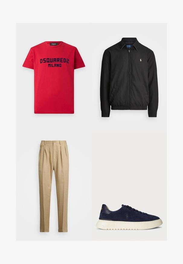 Svart bomberjakke laget av glatt materiale med glidelås foran, elastiske mansjetter, sidelommer og en liten brodert logo på brystet.; Rød bomulls t-skjorte med korte ermer, med marineblå "DSQUARED2 MILANO" logo over brystet. Klassisk rund hals-design.; Beige linbukser med rett snitt, med to frontfold, knappeåpning og sidelommer. Teksturt stoff med en glatt finish.; Marineblå semsket lavsko med en teksturert overflate, gummisåle og tonede snører, med en liten logo på siden og hælen.