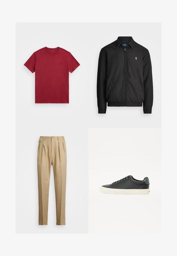 Veste bomber noire en matériau lisse, dotée d'une fermeture éclair à l'avant, de poignets élastiques, de poches latérales et d'un petit logo brodé sur la poitrine.; Polo Ralph Lauren CUSTOM SLIM FIT JERSEY CREWNECK T-SHIRT - T-shirt basique - bordeaux; Pantalons en lin beige avec une coupe droite, arbore deux pinces à l'avant, une fermeture à bouton et des poches latérales. Tissu texturé avec une finition lisse.; Sneaker en cuir noir avec une finition texturée, semelle en caoutchouc blanche, bout rond et accent vert au talon. Design à lacets avec six œillets.