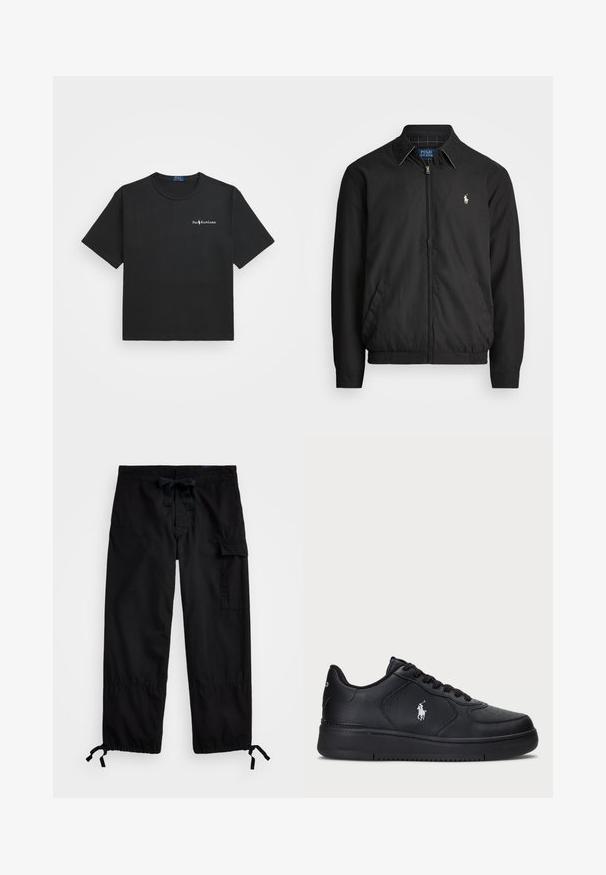 Čierna bomber bunda vyrobená z hladkého materiálu s predným zipsom, elastickými manžetami, bočnými vreckami a malým vyšívaným logom na hrudi.; Polo Ralph Lauren RELAXED FIT LOGO JERSEY T-SHIRT - Základné tričko - faded black; Čierne cargo nohavice s elastickým pásom a šnúrkou. Majú bočné vrecká a nastaviteľné manžety s fixačnými pomôckami. Vyrobené z ľahkého materiálu.; Čierne kožené tenisky s perforovaným dizajnom, plochým šnurovaním a bielym vyšitým logom na boku. Hustá čierna gumová podrážka.