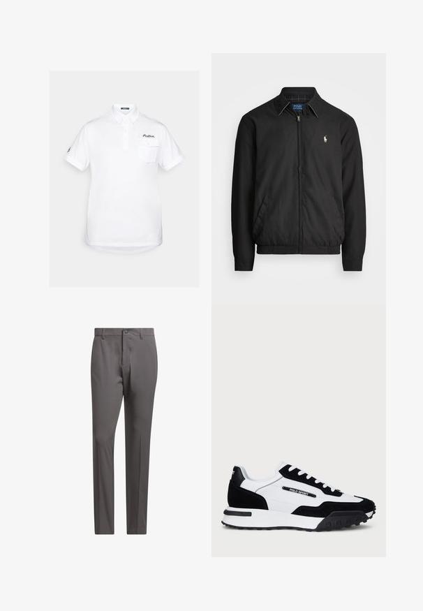 Chaqueta bomber negra hecha de material suave con cierre de cremallera en el frente, puños elásticos, bolsillos laterales y un pequeño logo bordado en el pecho.; Camisa polo blanca de algodón con mangas cortas, cuello puntiagudo, tapeta de tres botones y un bolsillo en el pecho. Presenta un logotipo bordado.; Pantalones grises con una textura suave, que presentan un cierre con botón, trabillas para cinturón y un corte entallado para una apariencia estructurada.; Zapatillas con parte superior de ante negro y cuero blanco, que presentan una suela de goma negra, cordones blancos y un logo "POLO SPORT" en el lateral.