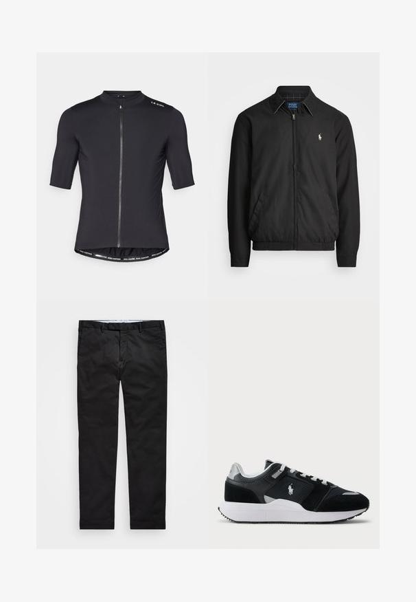 Fekete bomber dzseki sima anyagból, elülső cipzárral, rugalmas mandzsettákkal, oldalsó zsebekkel és egy kis hímzett logóval a mellen.; Fekete, rövid ujjú kerékpáros mez magas gallérral, elülső cipzárral és kontrasztos derékpánt részletekkel, amelyekre az van írva: "TÖBBET TEKERJ. TÁVOLABB TEKERJ."; Fekete chinos, egyenes szárú fazonnal, pamut keverék anyagból készült, cipzáras zipzárral, övhurkokkal és oldalsó zsebekkel. Simaság jellemzi.; Fekete-fehér alacsony szárú sportcipő hálós és velúr felső résszel, fehér fűzőkkel, fehér talppal, és az oldalán egy polo játékos logóval.