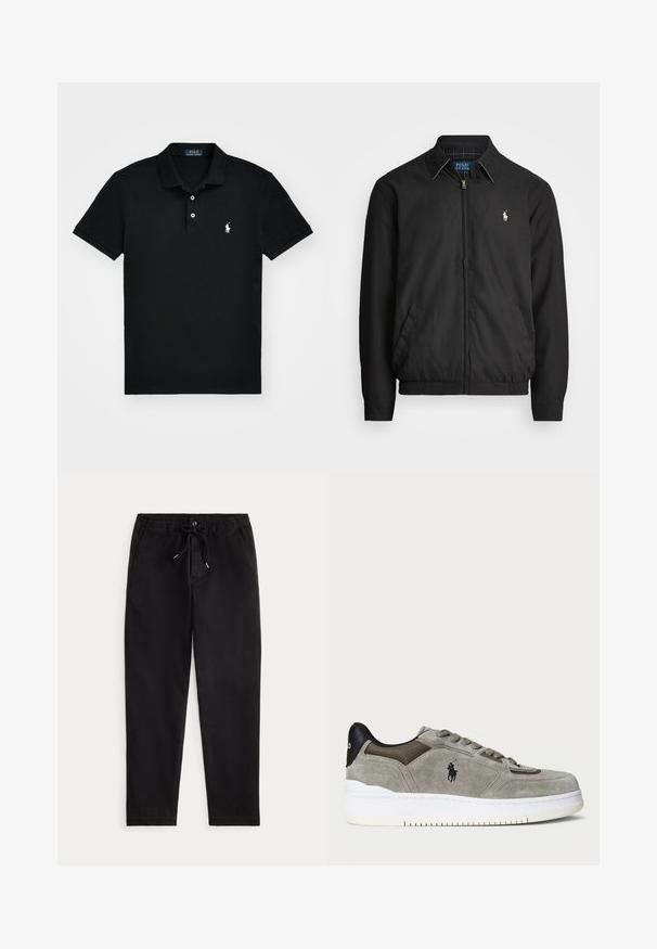 Μαύρο μπουφάν bomber από λείο υλικό με φερμουάρ μπροστά, ελαστικούς καρπούς, πλαϊνές τσέπες και μικρό κεντητό λογότυπο στο στήθος.; Μαύρο πόλο μπλουζάκι από βαμβάκι, με κλασικό γιακά, τρία κουμπιά στην μπροστινή πλευρά, κοντά μανίκια και λευκό λογότυπο στο αριστερό στήθος.; Μαύρο casual παντελόνι με ελαστική ζώνη, κορδόνι προσαρμογής, μπροστινό κουμπί και πλαϊνές τσέπες, τοποθετημένο σε απλό φόντο.; Γκρίζα σουέντ αθλητικά παπούτσια με υφή στο άνω μέρος, αντίθετη μαύρη φτέρνα, λευκή σόλα και κεντητό λογότυπο. Σχεδίαση με κορδόνια και έξι οπές.