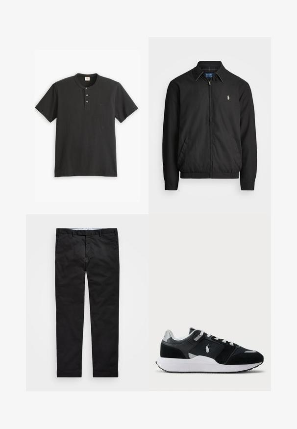 Juodas bombonešis, pagamintas iš lygios medžiagos, su užtrauktuku priekyje, elastingomis rankogaliais, šalutinėmis kišenėmis ir maža siuvinėta logotipu ant krūtinės.; Juodas trumpas rankovės polo marškinėliai, pagaminti iš medvilnės, su sagų užsegimu, turinčiu tris sagas, ir mažu logotipu kairėje krūtinėje.; Juodos kelnės su tiesiomis kojomis, pagamintos iš medvilnės ir poliesterio mišinio, su užtrauktuku, diržo kilputėmis ir šoninėmis kišenėmis. Lygus paviršius.; Juoda ir balta žema sneakeris su tinklo ir zomšos viršumi, baltais raišteliais, balta pado dalimi ir polo žaidėjo logotipu šone.
