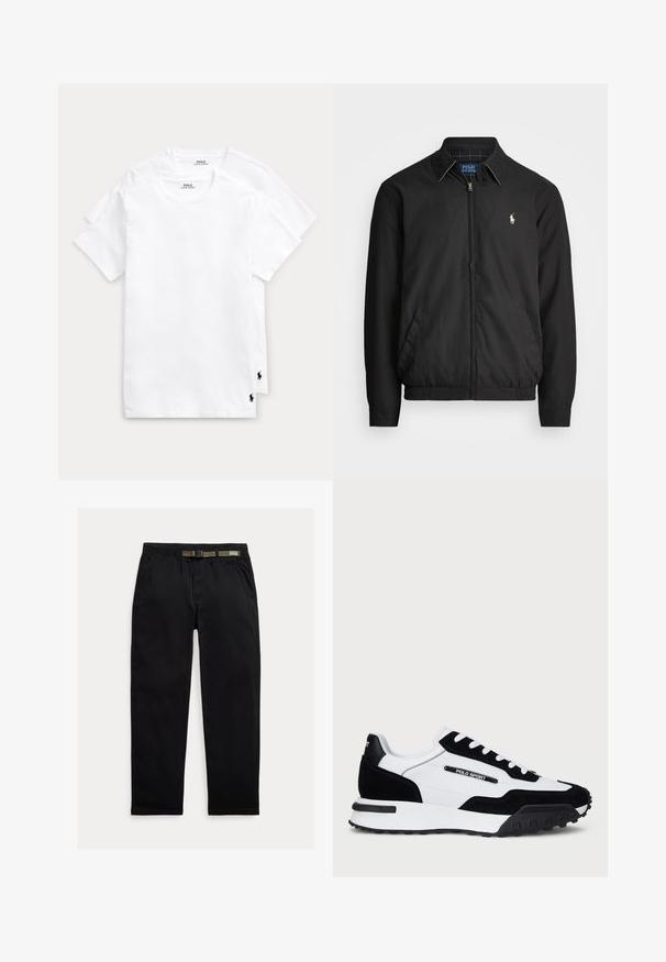 Svart bomberjakke laget av glatt materiale med glidelås foran, elastiske mansjetter, sidelommer og en liten brodert logo på brystet.; To hvite bomulls-T-skjorter med rund hals og korte ermer, med en liten svart polo-logo nederst på venstre side.; Sorte bukser laget av lett stoff, med strikk i midjen og en integrert grønn belte, rett ben-kutt og sidelommer.; Sko med svart gamasj og hvit skinn-overdel, med svart gummisåle, hvite lisser og en "POLO SPORT" logo på siden.