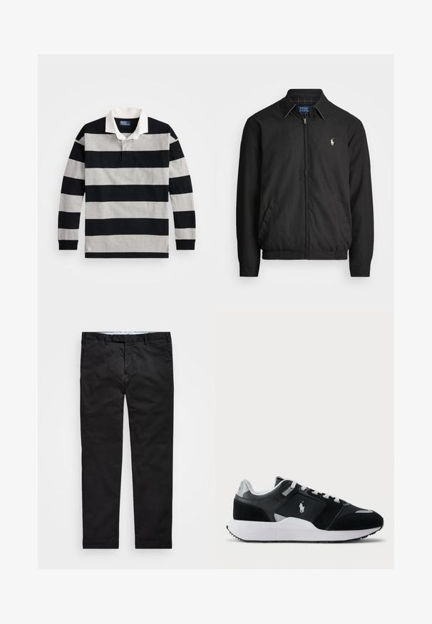 Casaco bomber preto feito de material liso, com fecho éclair à frente, punhos elásticos, bolsos laterais e um pequeno logótipo bordado no peito.; Polo de mangas longas listrado em preto e cinza, com colarinho branco e um pequeno logotipo no fundo da barra. Material de algodão macio.; Chinos pretos com um corte reto, feitos de tecido em mistura de algodão, apresentando fecho de zíper, passantes para cinto e bolsos laterais. Textura suave.; Sapatilha baixa em preto e branco com parte superior em malha e camurça, atacadores brancos, sola branca e um logo de jogador de polo na lateral.