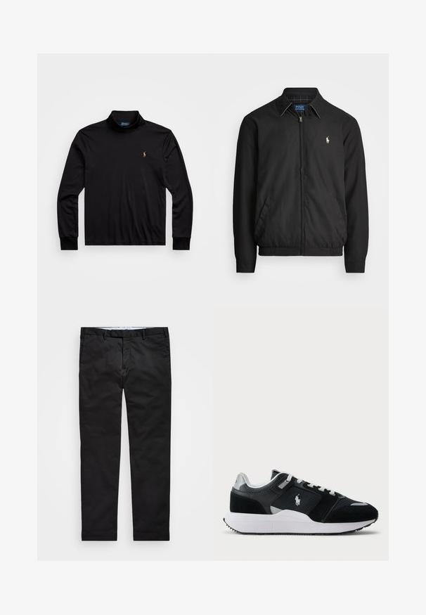 Veste bomber noire en matériau lisse, dotée d'une fermeture éclair à l'avant, de poignets élastiques, de poches latérales et d'un petit logo brodé sur la poitrine.; Polo noir à manches longues avec col montant, fabriqué en tissu lisse, présentant un petit logo brodé sur la poitrine gauche.; Chino noirs avec une coupe droite, fabriqués en tissu mélange de coton, dotés d'un zip, de passants de ceinture et de poches latérales. Texture lisse.; Baskets basses noir et blanc avec une tige en mesh et en daim, lacets blancs, semelle blanche et un logo de joueur de polo sur le côté.