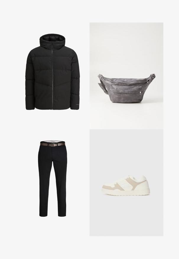 Veste en duvet noire avec une fermeture éclair sur le devant, capuche attachée, design matelassé et poignets élastiques. Présente un logo discret sur la manche.; Pull en tricot beige à manches longues avec col rond et petit logo brodé marron sur la poitrine gauche, présenté sur un fond uni.; Pantalon en coton noir avec une coupe droite, doté d'une ceinture en cuir marron et d'une texture lisse. Design simple, sans motifs ni accents visibles.; Baskets blanches et beiges présentant une combinaison de textures lisses et en daim, un bout rond, un système de laçage et une semelle en caoutchouc plate.; Sac banane en suède gris avec une forme arrondie, deux compartiments zippés et une sangle réglable. Comprend des accents en métal.