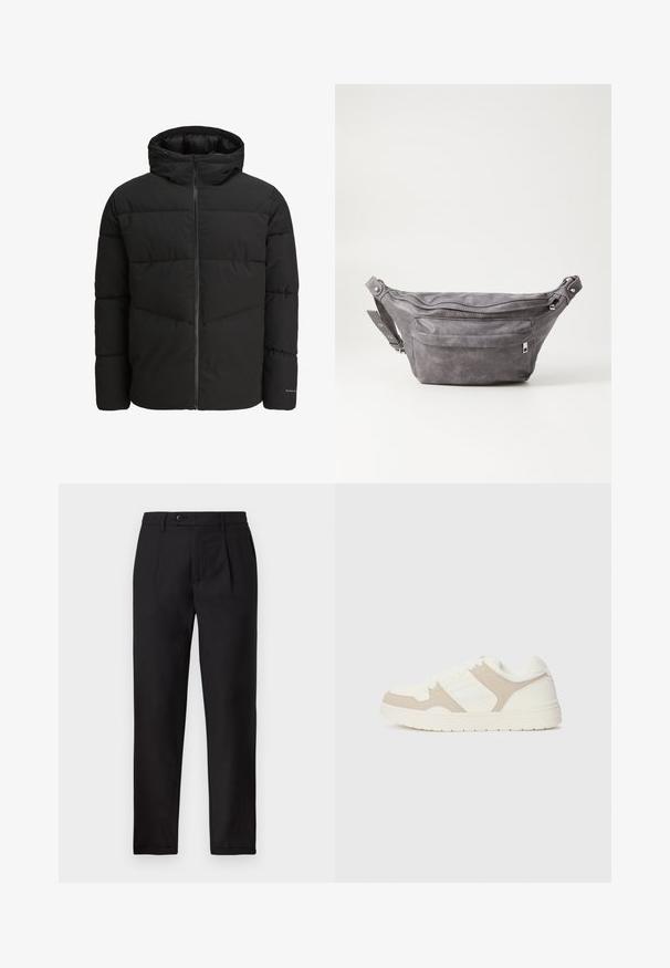 Schwarze Steppjacke mit Reißverschluss vorne, angeschnittener Kapuze, gestepptem Design und elastischen Bündchen. Mit subtiler Logoapplikation am Ärmel.; Beige langärmliger Strickpullover mit Rundhalsausschnitt und kleinem braunen gestickten Logo auf der linken Brust, präsentiert auf einem schlichten Hintergrund.; Schwarze Hose aus strukturiertem Stoff, mit geradem Bein, Bundfalten und einem einzelnen Knopfverschluss an der Taille.; Weiße und beige Sneaker mit einer Kombination aus glatten und Wildleder-Oberflächen, runder Zehenpartie, Schnürverschluss und flacher Gummisohle.; Graue Wildleder-Gürteltasche mit runder Form, zwei mit Reißverschluss verschlossenen Fächern und verstellbarem Trageriemen. Mit metallischen Hardware-Akzenten.