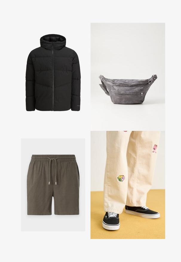 Giacca a vento nera con zip frontale, cappuccio integrato, design trapuntato e polsini elasticizzati. Presenta un logo discreto sulla manica.; Maglione a maniche lunghe beige in maglia con scollo rotondo e piccolo logo ricamato marrone sul lato sinistro del petto, mostrato su uno sfondo uniforme.; Pantaloni corti verde scuro con vita elasticizzata, chiusura con cordino e una texture liscia e leggera. Nessuna tasca visibile o fantasie.; Pantaloni di cotone beige con divertenti ricami che includono un personaggio rosa e un blocco colorato, abbinati a sneaker nere con lacci.; Fanny pack in suede grigio con forma arrotondata, due scomparti con cerniera e tracolla regolabile. Presenta dettagli in metallo.