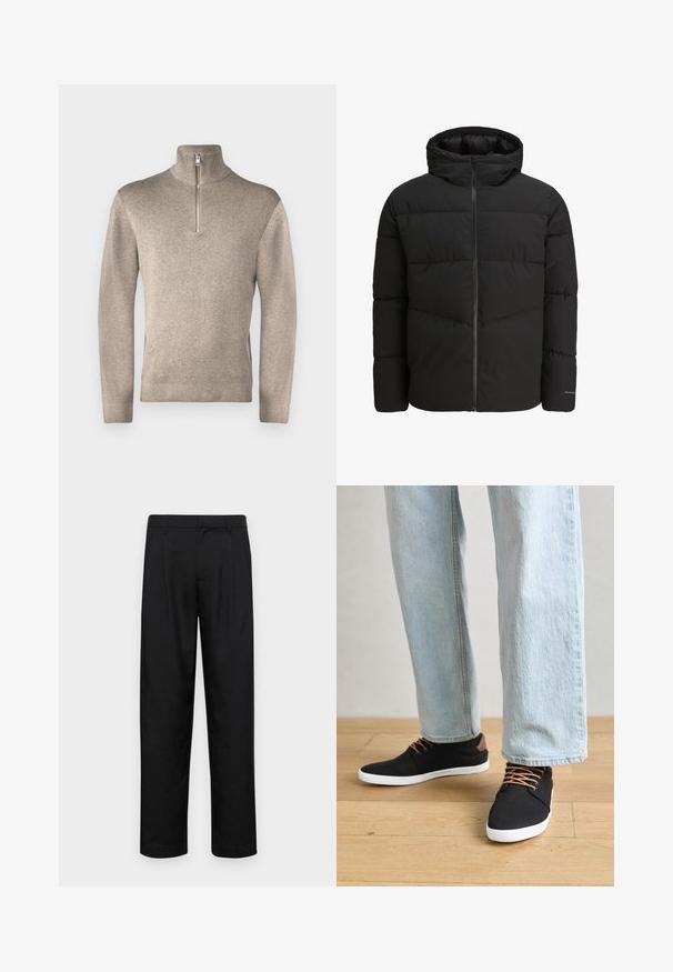 Svart puffjakke med glidelås foran, festet hette, quiltet design og elastiske mansjetter. Har en subtil logo på ermet.; Jack & Jones PREMIUM JPRBLAMILANO HALF ZIP - Strikkegenser - greige; Sorte bukser laget av glatt stoff, med rette ben, to frontfoldninger og standard liv med beltehemper.; svarte lerrets sneakers med brune aksenter, hvite gummisåler og brune snørebånd, sammen med lyseblå rette jeans. Bakgrunn med tregulv.