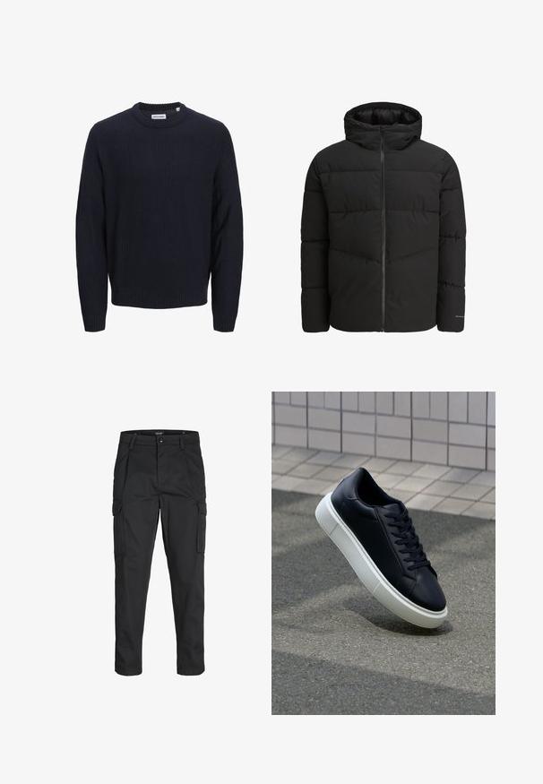 Schwarze Steppjacke mit Reißverschluss vorne, angeschnittener Kapuze, gestepptem Design und elastischen Bündchen. Mit subtiler Logoapplikation am Ärmel.; Navyblauer gestrickter Pullover mit gerippter Textur, rundem Halsausschnitt und langen Ärmeln. Verfügt über ein gewebtes Markenetikett am Halsausschnitt.; Schwarze Cargo-Hose aus robustem Material, mit mehreren Taschen, einem Knopfverschluss und einem Slim-Fit-Design mit schmal zulaufenden Beinen.; Schwarze Leder-Sneaker mit runder Zehenpartie und weißer Gummisohle. Verfügt über flache Schnürsenkel und minimale Nähte im Obermaterial. Strukturiertes Sohlenprofil für besseren Halt.