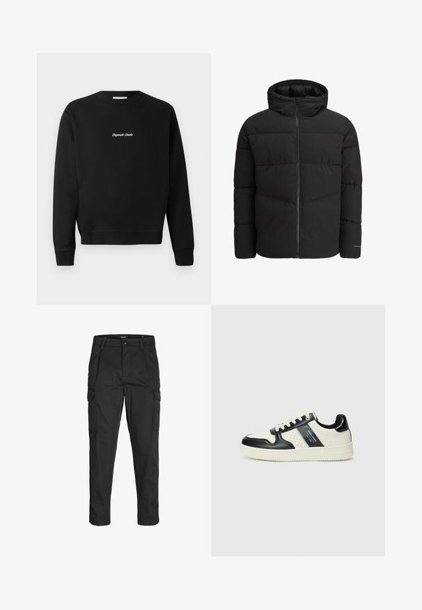 Giacca a vento nera con zip frontale, cappuccio integrato, design trapuntato e polsini elasticizzati. Presenta un logo discreto sulla manica.; Felpa nera con scollo rotondo, maniche lunghe e polsini a coste, con "Original Studio" ricamato in bianco sul davanti.; Pantaloni cargo neri realizzati in un tessuto resistente, dotati di molteplici tasche, chiusura con bottone e un design aderente con gambe affusolate.; Sneakers in pelle con una combinazione di colori nero e crema, dotati di dettagli perforati, collare imbottito e suola testurizzata.