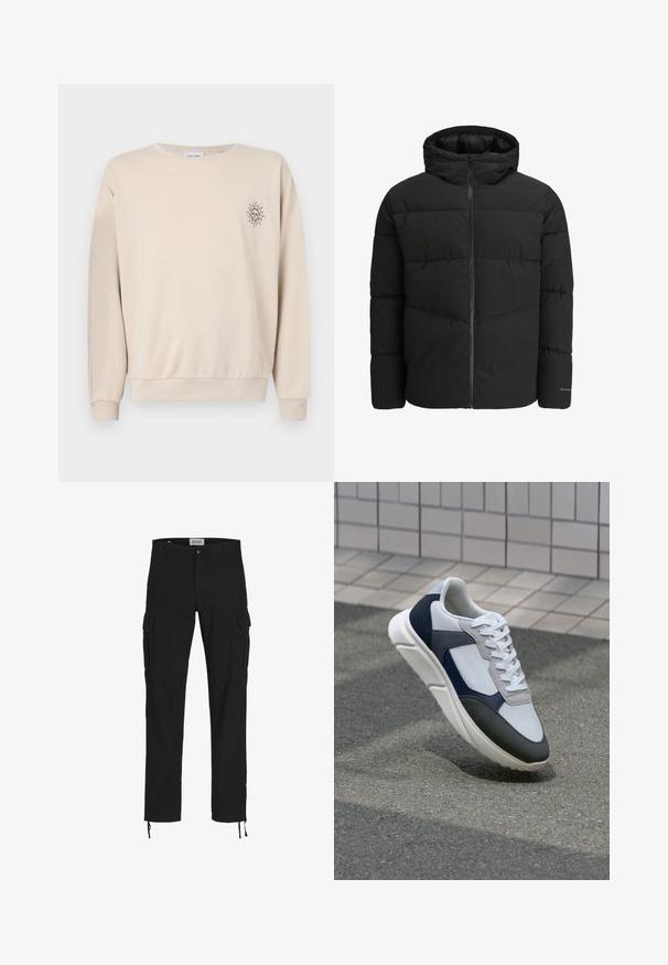 Chaqueta tipo plumón negra con cierre frontal, capucha fija, diseño acolchado y puños elásticos. Presenta un logotipo discreto en la manga.; Sudadera beige hecha de tela suave, con cuello redondo, mangas largas y un pequeño gráfico de sol en el lado izquierdo del pecho.; Pantalones cargo negros con corte recto, que cuentan con bolsillos laterales, cierre de botón y cordones elásticos en los tobillos. Fabricados en tejido resistente.; Zapatilla blanca, azul marino y gris con un diseño de materiales mixtos, que presenta una parte superior texturizada, cordones planos y una suela acolchada.