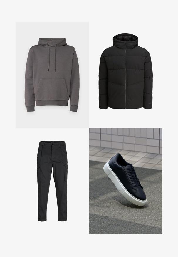 Jachetă puf neagră cu fermoar frontal, glugă atașată, design matlasat și manșete elastice. Prezintă un logo discret pe mânecă.; Hanorac gri din material moale, cu buzunar tip kengur, glugă ajustabilă cu șnur și manșete și tiv dublat.; Pantaloni cargo negri dintr-un material rezistent, cu multiple buzunare, închidere cu nasture și un design slim fit cu picioare conice.; Tenis cu piele neagră, cu vârful rotund și talpă din cauciuc alb. Are șireturi plate și cusături minime pe suprafață. Tălpile texturate oferă aderență.