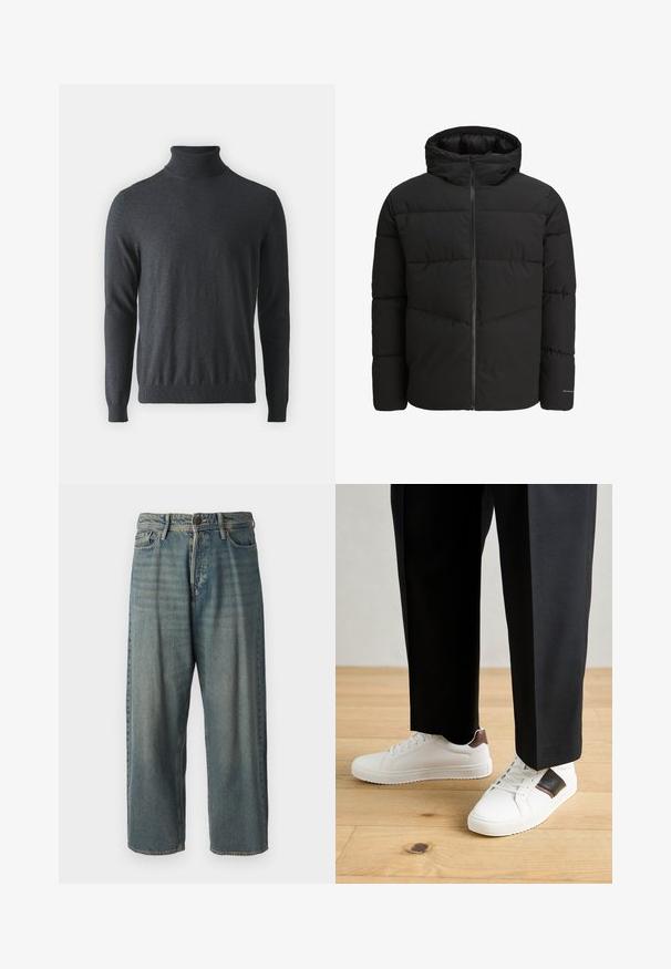 Casaco puffer preto com fecho éclair à frente, capuz integrado, design acolchoado e punhos elásticos. Apresenta um logo discreto na manga.; Suéter de gola alta em cinza-escuro feito de um material de malha suave e canelada. Tem mangas longas e uma cintura ajustada, com um design de gola alta.; Jeans de ganga azul claro com um corte solto, cintura média e pernas retas. Apresenta cinco bolsos, passadores de cinto e fecho com botão.; Ténis brancos com textura suave, apresentando elementos em pele castanha e detalhes em preto, combinados com calças pretas ajustadas. Fundo de chão de madeira.