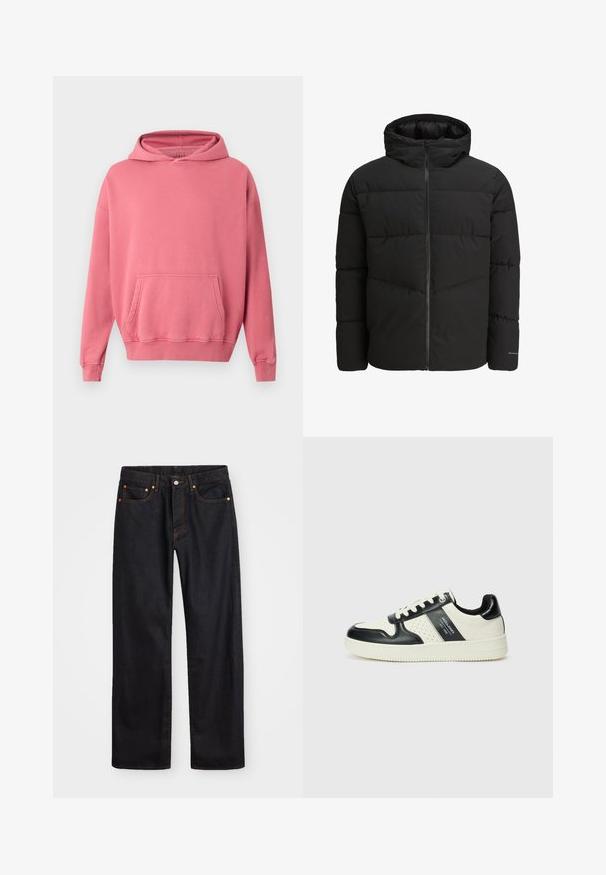 Svart puffjakke med glidelås foran, festet hette, quiltet design og elastiske mansjetter. Har en subtil logo på ermet.; Rosa hettegenser med kengurulomme, ribbestrikkede mansjetter og nederkant. Laget av myk, teksturert stoff. Enkel design, uten synlige logoer eller mønstre.; Men's straight-leg svarte denim jeans med fem lommer og oransje søm, knapp og glidelås lukking foran på midjen.; Lædersneakers med sort og creme farveskema, der har perforerede detaljer, en polstret krave og en struktureret ydersål.