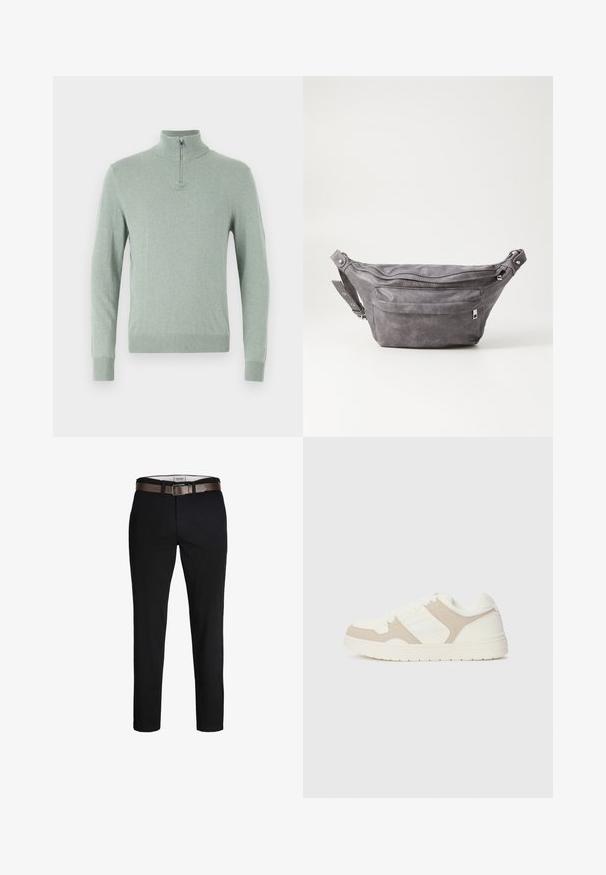 Juodas pūkinis švarkas su užtrauktuku priekyje, pritvirtinta kaptiva, siuvinėta struktūra ir elastiniais rankogaliais. Ant rankovės yra subtilus logotipas.; Minkštas šviesiai žalias prigludęs megztinis su ilgomis rankovėmis, aukštu apykakle ir ketvirčio užtrauktuku, ribotu apdailu apačioje ir rankogaliuose, pagamintas iš minkšto mezginio.; Juodi medvilniniai kelnių su tiesiu kirpimu, su rudą odinį diržą ir lygiu tekstūru. Paprastas dizainas, be matomų raštų ar akcentų.; Baltos ir smėlio spalvos sportbačiai, turintys sklandžių ir zomšinių tekstūrų derinį, apvalūs pirštai, su raištelių užsegimu ir plokščiu guminio pado dizainu.; Pilkas suedes fanny pack'as apvalios formos, su dviem užtraukiamais skyreliais ir reguliuojama diržele. Yra metaliniai aksesuarai.