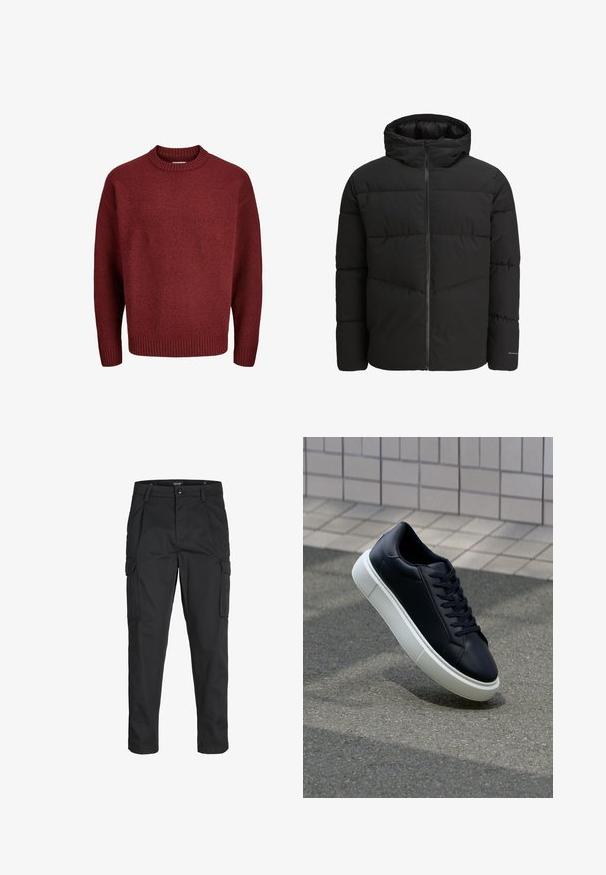 Črna pufasta jakna z zadrgo, pritrjeno kapuco, prešito zasnovo in elastičnimi manšetami. Ima subtilen logotip na rokavu.; Rdeča pletena jopica z okroglim ovratnikom, rebrastimi manšetami in robom, ki se ponaša z teksturirano tkanino. Silhueta je sproščena in čezmerna.; Črne cargo hlače iz trdnega blaga, ki imajo več žepov, gumbasto zapiranje in ozek kroj z zožanimi nogami.; Črne usnjene superge z zaobljenim prstom in belim gumijastim podplat. Imajo ravne vezalke in minimalno šivanje na zgornjem delu. Teksturirani podplat za oprijem.