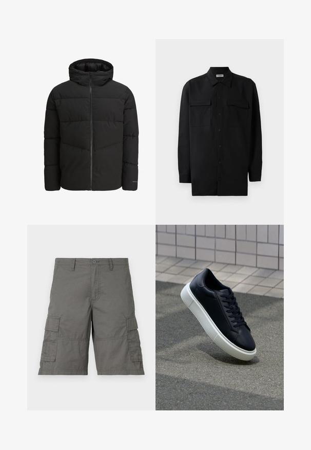 Must must jacket, mille ees zippiga, kinnise kapuutsi, tikandiga kujundus ja elastsete mansettidega. Sünara seljal on diskreetne logo.; Mustmust värvi nööpidega särk, mis on valmistatud sujuvast kangast, klassikalise kraega, kahe eesmise tasku ja pikkade varrukatega, millel on nööpidega mansetid.; Hallide hallid lühikesed püksid, millel on nööbiga sulgemine, mitmed küljetaskud ja õmbluse detailid. Valmistatud kergekaalulisest ja vastupidavast kangast.; Mustast nahast tennisetoss, millel on ümar nina ja valge kummist tall. Omab siredaid paelu ja minimaalset õmblemist ülemises osas. Tekstuuriga tald, mis tagab haakuvuse.