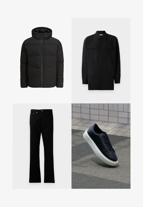 Černá péřová bunda se zipem vpředu, připevněnou kapucí, prošívaným designem a elastickými manžetami. Na rukávu je decentní logo.; Černá košile na knoflíky vyrobená z hladké tkaniny, s klasickým límcem, dvěma předními kapsami a dlouhými rukávy s knoflíkovými manžetami.; Černé džíny s rovnou siluetou, pěti kapsami, kovovým zapínáním a jemnými prošitými detaily. Hladká textura a jednotná barva.; Černé kožené tenisky s kulatou špičkou a bílou gumovou podrážkou. mají ploché tkaničky a minimální šití na svršku. Texturovaná podrážka pro lepší přilnavost.