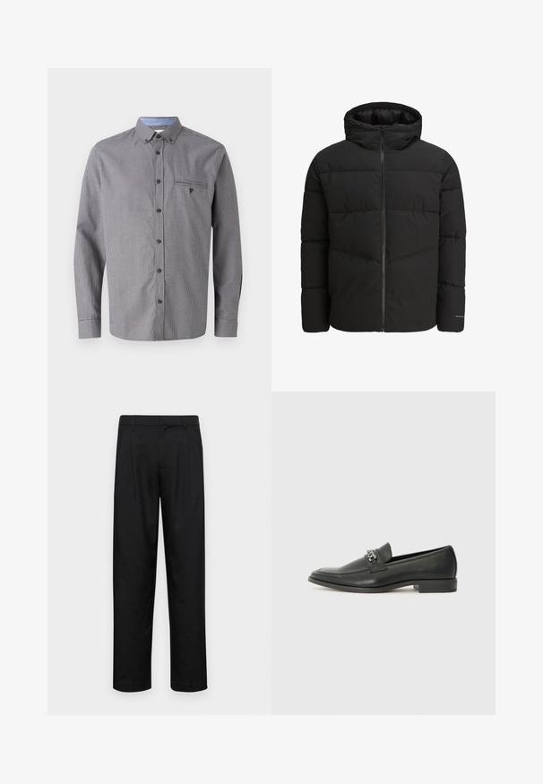 Jack & Jones JJGLOBAL PUFFER JACKET - Zimná bunda - black; Šedá károvaná košela s dlhým rukávom, zapínaním na gombíky, náprsníkom a kontrastným svetlomodrým vnútorným golierom. Obsahuje hnedé gombíky.; Čierne nohavice vyrobené z hladkej tkaniny, s rovnými nohavicami, dvoma prednými skladmi a štandardným pásom s pútkami na opasok.; Čierne kožené loafers s hladkým povrchom, s prešitým dizajnom a dekoratívnym kovovým reťazovým akcentom cez priehlavok. Plochý podpätok.