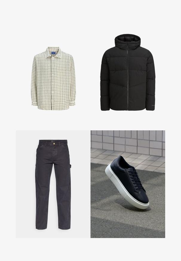 Jack & Jones JJGLOBAL PUFFER JACKET - Vinterjacka - black; Skjorta i kräm med ett svart rutmönster. Tillverkad av lätt material, med krage och långa ärmar.; Mörkgrå cargobyxor i slitstark tyg, med rak benform, fem fickor och knappstängning i midjan.; Svart lädersneaker med rundad tå och vit gummisula. Har platta snören och minimal sömnad på ovansidan. Texturerad sula för grepp.