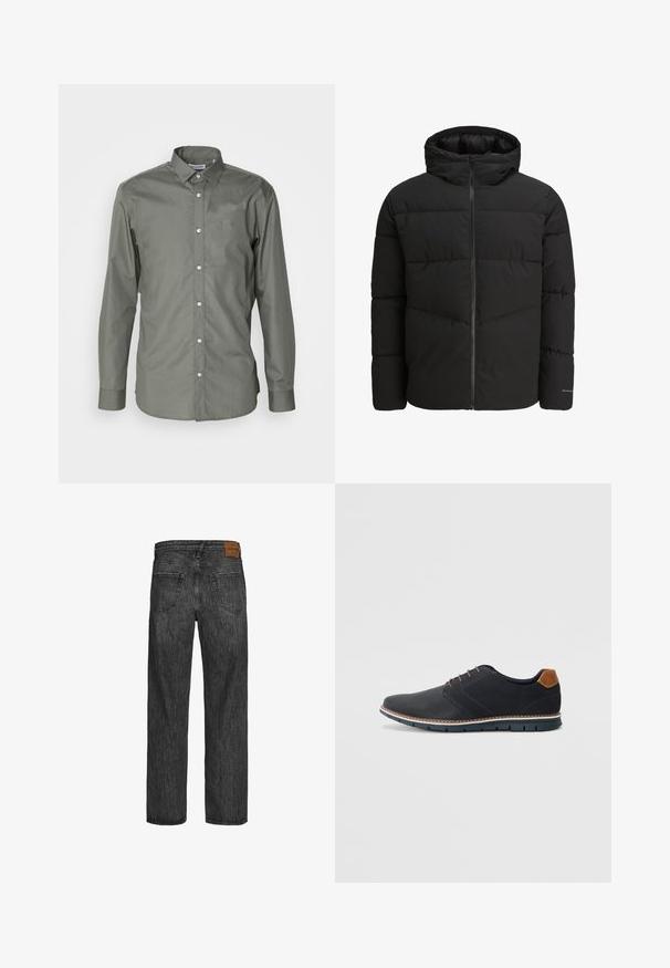 Černá péřová bunda se zipem vpředu, připevněnou kapucí, prošívaným designem a elastickými manžetami. Na rukávu je decentní logo.; Pánská košile s dlouhým rukávem z olivově zelené látky, s knoflíkovým zapínáním vpředu, rozhaleným límcem a zaoblenými manžetami s jemnou texturou.; Černé džíny z denimu s rovnými nohavicemi, pět kapes, a hnědá kožená nášivka na pásku. Texturovaná látka s detaily šití.; Černé syntetické boty s texturovaným svrškem, hladkými detaily, hnědým podpatkem a kontrastní podrážkou. Obsahují minimální šněrování a švy.